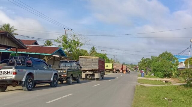 Potret antrean panjang truk angkutan barang di tepi jalan di Malinau Seberang, Kabupaten Malinau. (FOTO: MB)